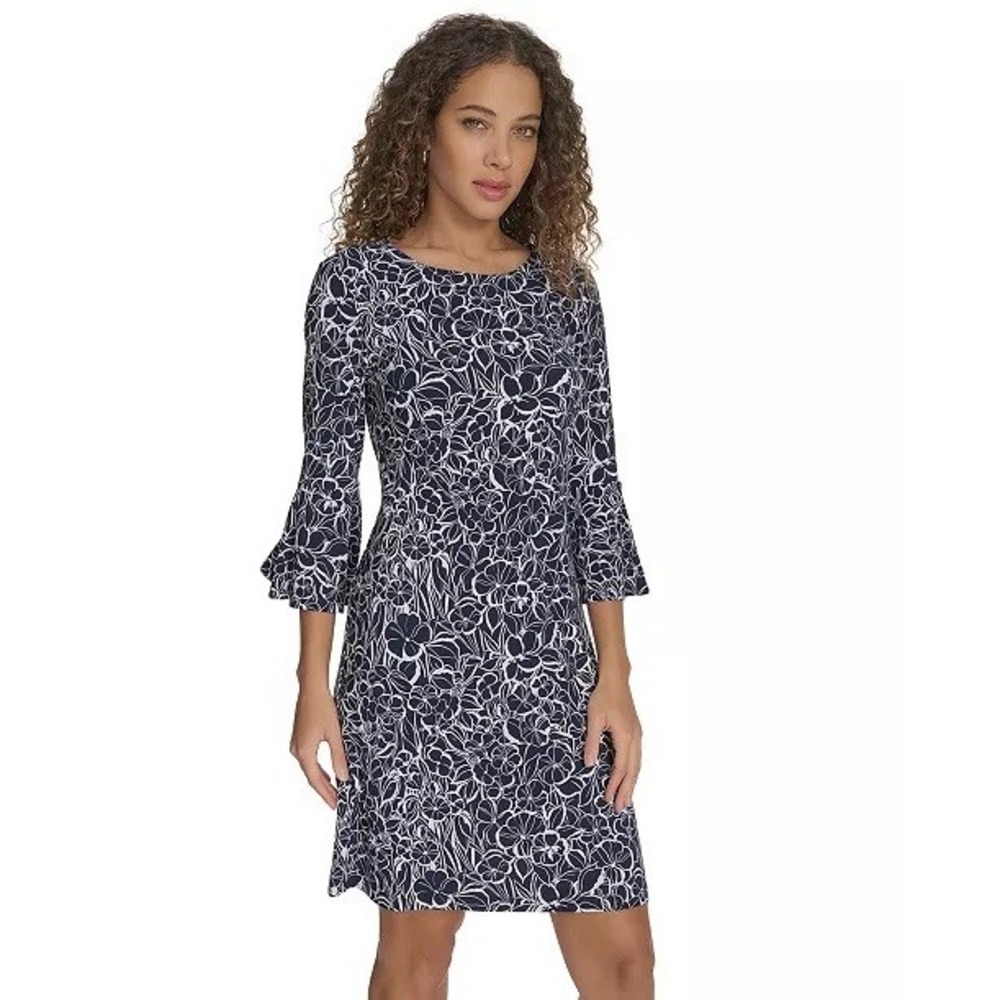 Tommy Hilfiger Sheath Dress Women 2P Navy White Floral Bell Sleeve NWT